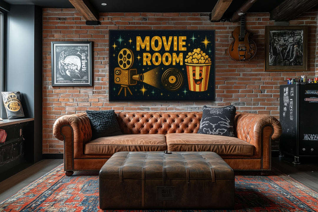 Retro Movie Room Wall Art with Popcorn and Projector