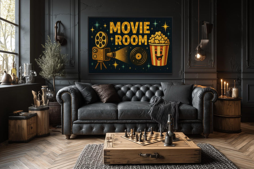 Retro Movie Room Wall Art with Popcorn and Projector