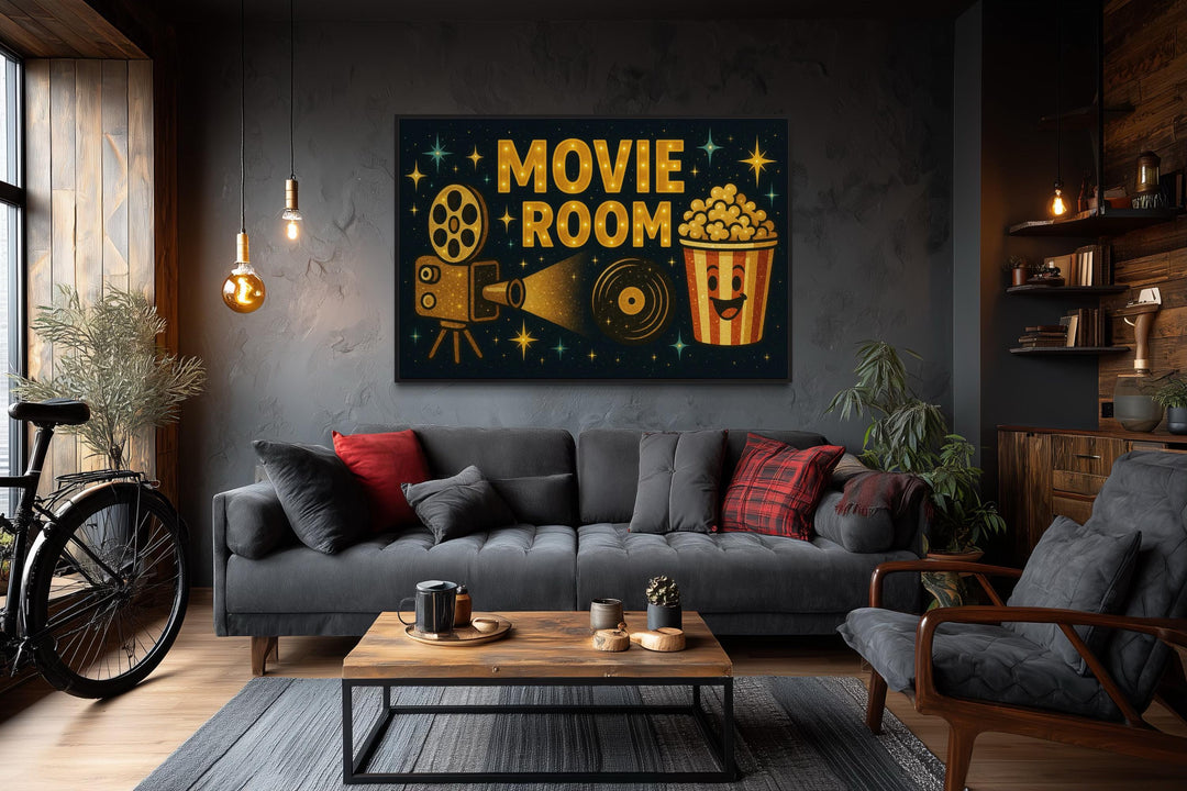 Retro Movie Room Wall Art with Popcorn and Projector