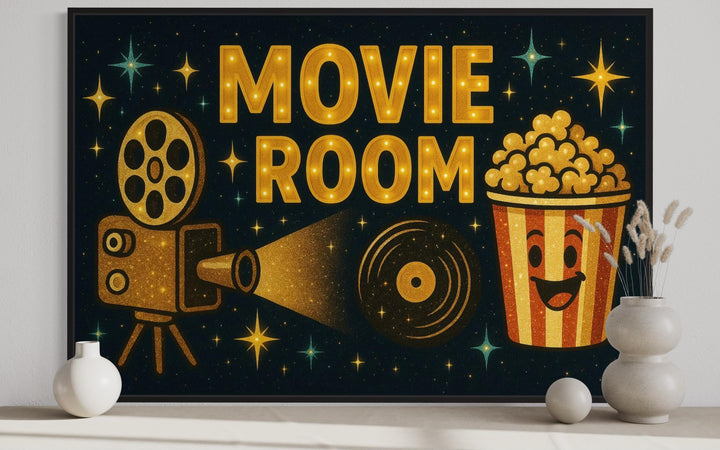 Retro Movie Room Wall Art with Popcorn and Projector