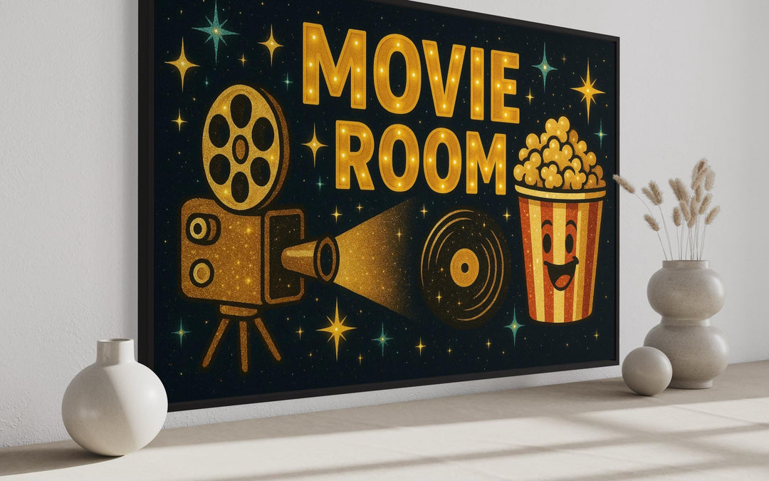 Retro Movie Room Wall Art with Popcorn and Projector