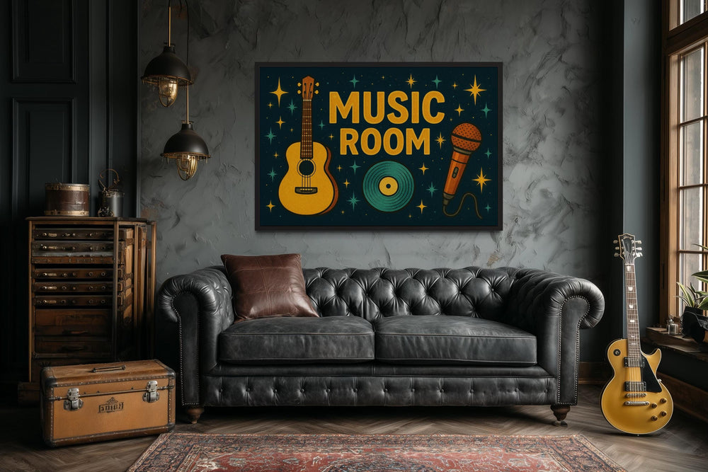 Retro Music Room Sign Framed Canvas Wall Art With Guitar, Microphone And Record