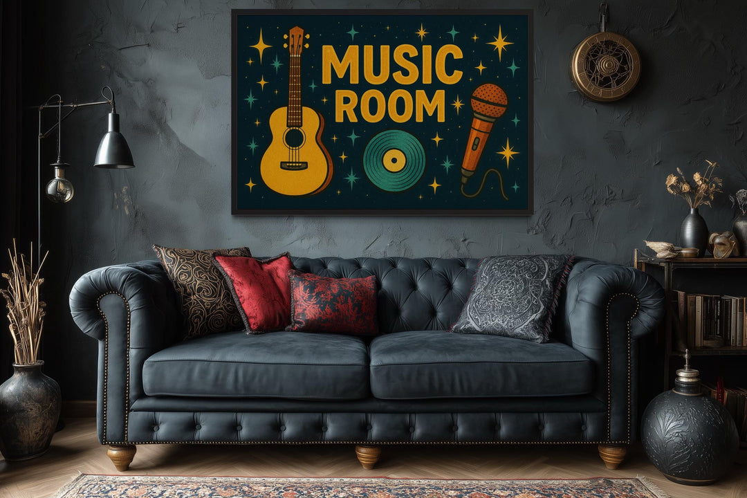 Retro Music Room Sign Framed Canvas Wall Art With Guitar, Microphone And Record