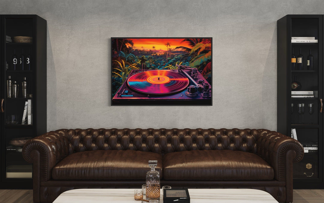 Retro vinyl record player synthwave music framed canvas wall art hanging above a brown leather sofa.