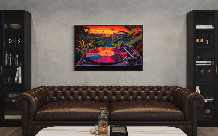 Retro vinyl record player synthwave music framed canvas wall art hanging above a brown leather sofa.