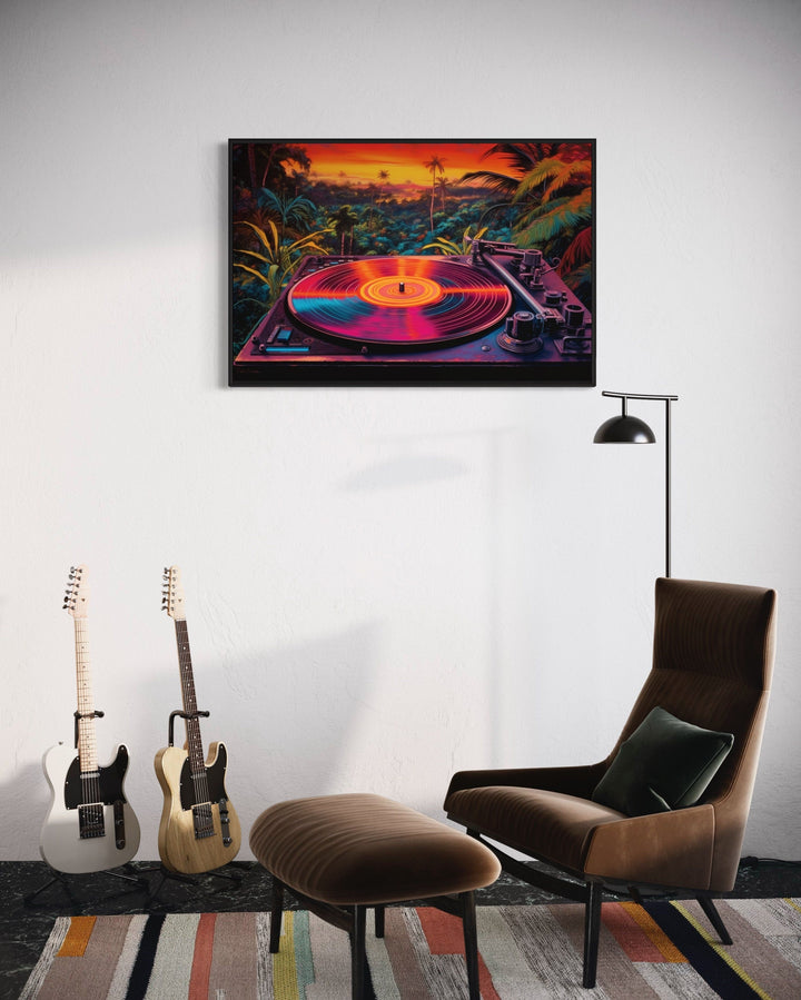 Retro Vinyl Record Player Synthwave Music Framed Canvas Wall Art