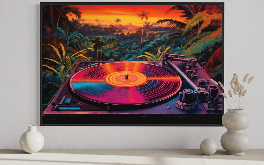 Retro Vinyl Record Player Synthwave Music Framed Canvas Wall Art