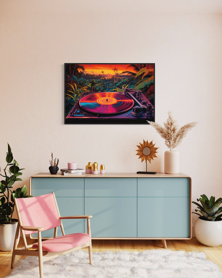 Retro Vinyl Record Player Synthwave Music Framed Canvas Wall Art