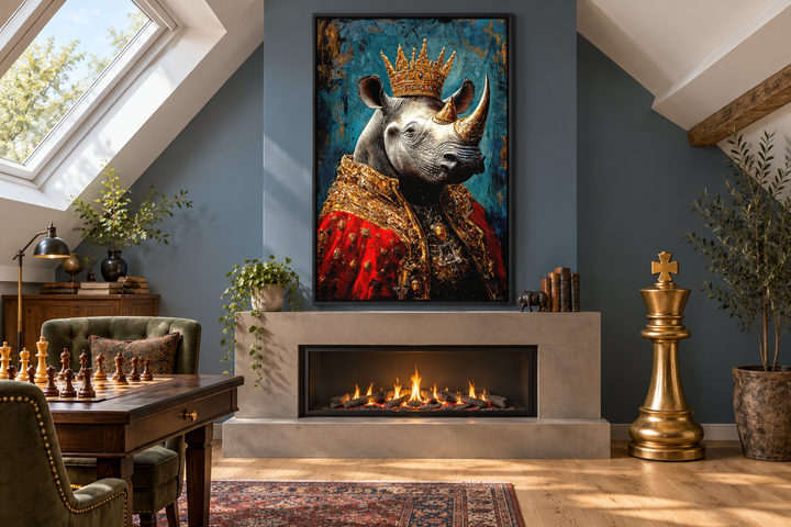 King rhinoceros portrait in a red robe and gold crown, framed above a fireplace in a cozy room.