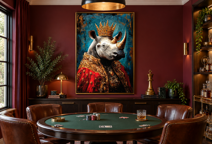 Victorian portrait of a rhinoceros wearing a gold crown and red robe in a dark poker room.