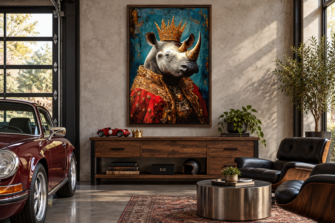 King rhinoceros portrait in a gold crown and red robe, framed on a wall in a modern garage lounge.