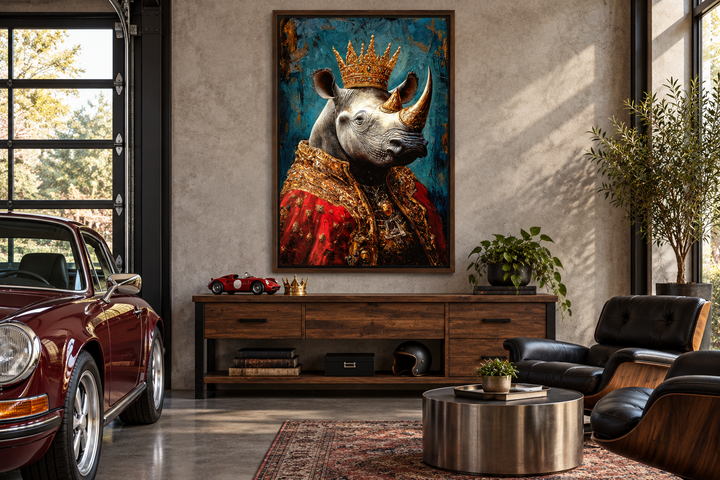 King rhinoceros portrait in a gold crown and red robe, framed on a wall in a modern garage lounge.