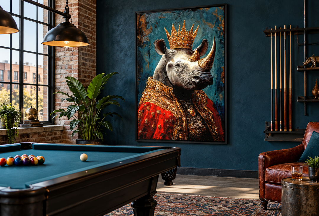 King rhinoceros portrait with a crown and red robe in a black frame on a dark blue wall.