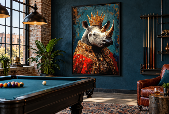 King rhinoceros portrait with a crown and red robe in a black frame on a dark blue wall.