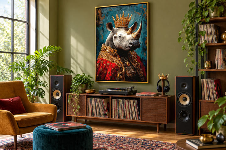 King Rhinoceros Victorian portrait wall art in a gold frame above a record player in a music room.