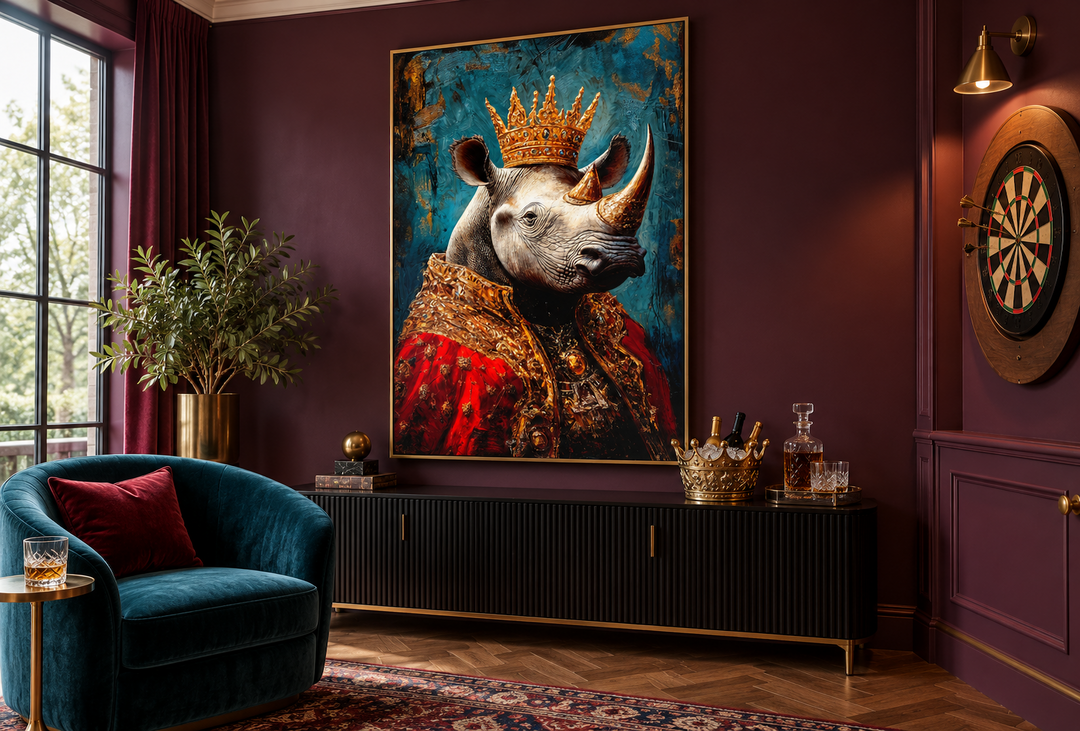 King rhinoceros portrait in a gold frame, wearing a crown and red robe on a dark plum wall.