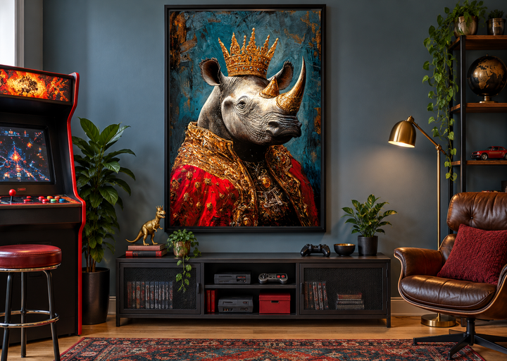 Victorian portrait of a rhinoceros wearing a gold crown and red royal robe in a black frame.