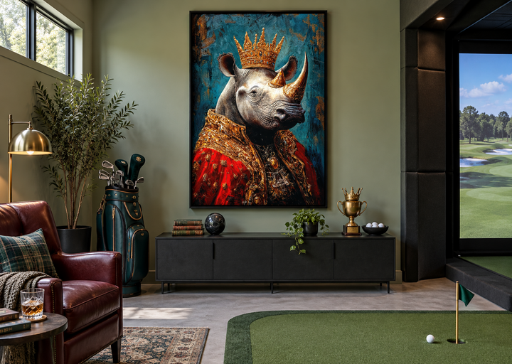 King rhinoceros with crown and robe Victorian portrait wall art in a black frame.