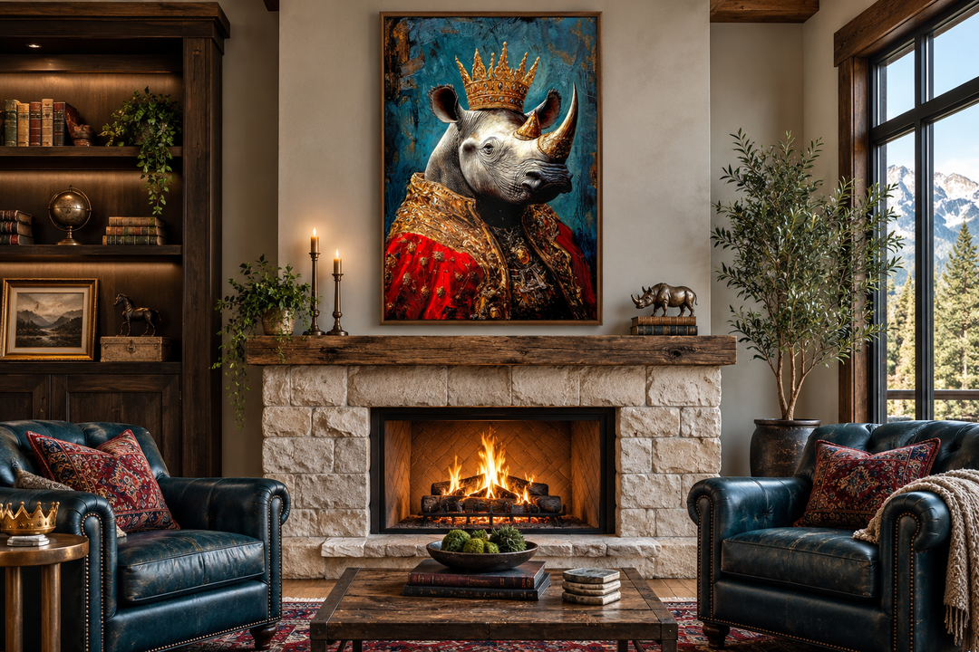 Victorian portrait of a rhinoceros wearing a crown and red robe, framed above a stone fireplace.
