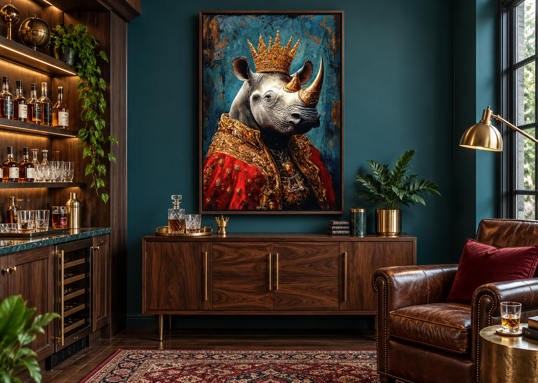 King Rhinoceros wall art in a gold crown and red robe, hung in a dark teal room above a wood buffet.