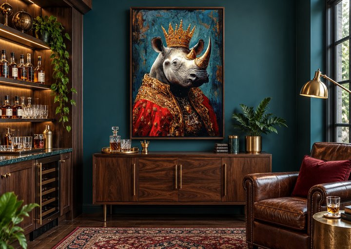 King Rhinoceros wall art in a gold crown and red robe, hung in a dark teal room above a wood buffet.