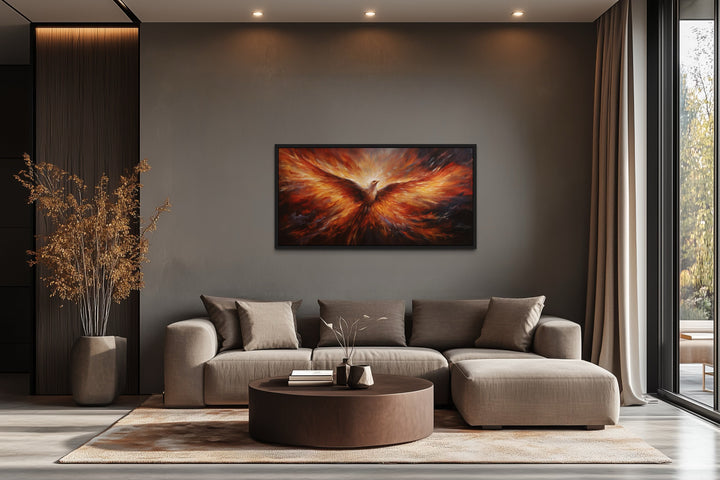 Rising Phoenix extra large framed canvas wall art in a modern living room above a brown sofa.