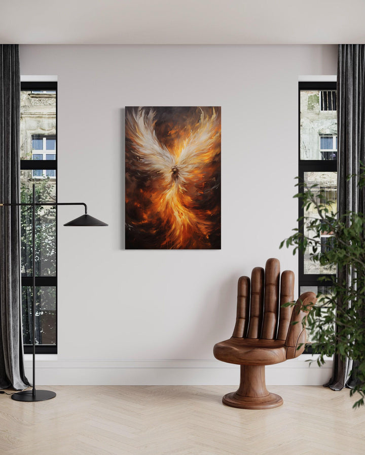 Rising Phoenix framed canvas wall art in a modern room with a hand-shaped wooden chair.