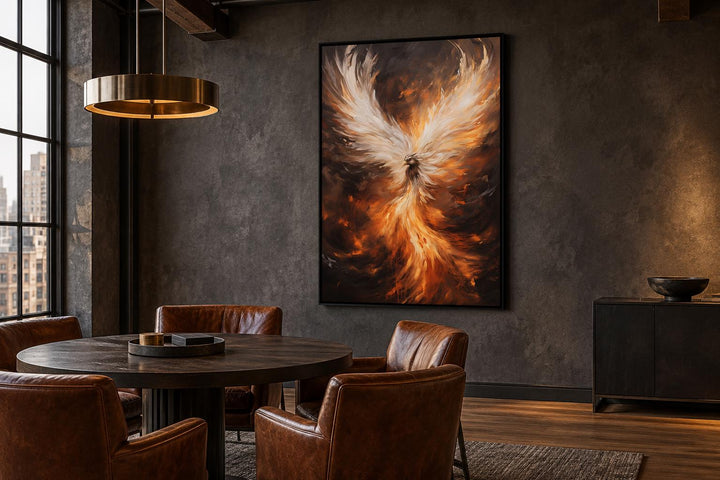 Rising phoenix framed canvas wall art in a dark, modern dining room with leather chairs.