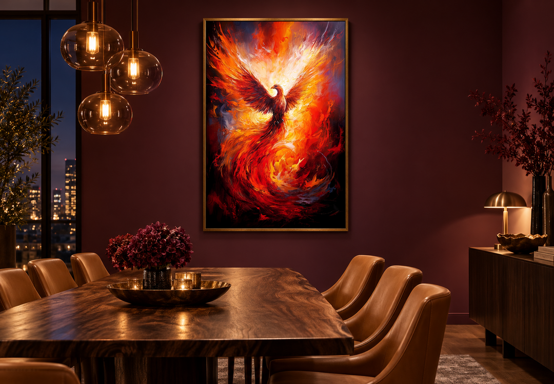Rising Phoenix framed canvas wall art in a modern dining room with warm lighting and wood table.