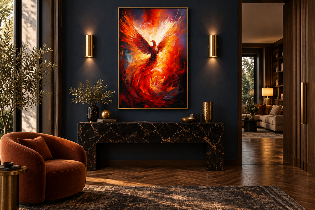 Rising Phoenix Framed Canvas Wall Art featuring a fiery bird in red and orange on a dark blue wall.