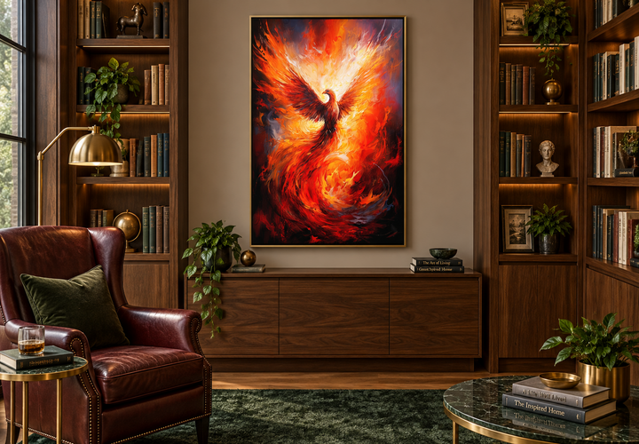Rising Phoenix framed canvas wall art featuring a fiery bird in red and orange above a wood cabinet.
