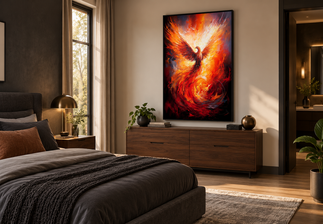 Rising Phoenix framed canvas wall art in a modern bedroom above a wooden dresser.