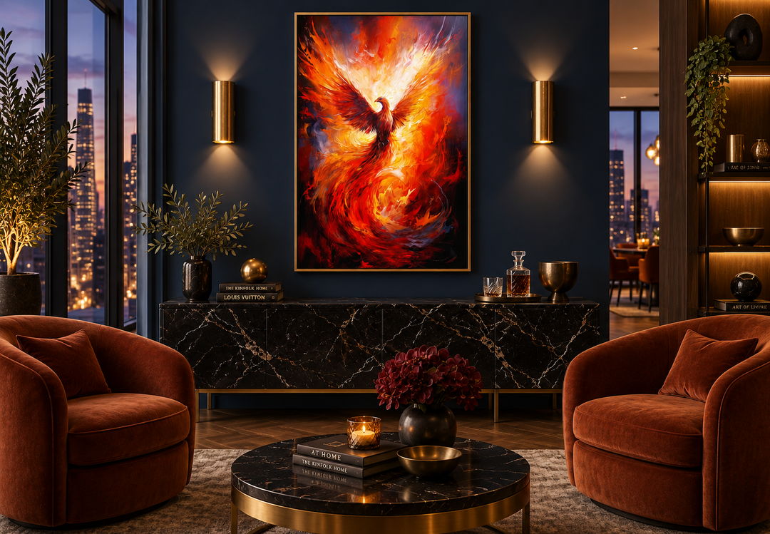 Rising Phoenix framed canvas wall art featuring a fiery bird in red and orange above a sideboard.