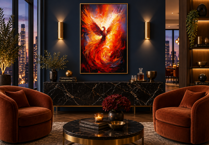Rising Phoenix framed canvas wall art featuring a fiery bird in red and orange above a sideboard.