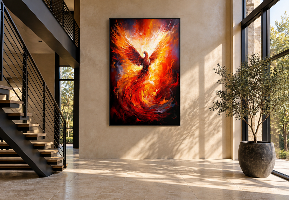 Rising Phoenix Framed Canvas Wall Art featuring a fiery bird in red and orange on a neutral wall.