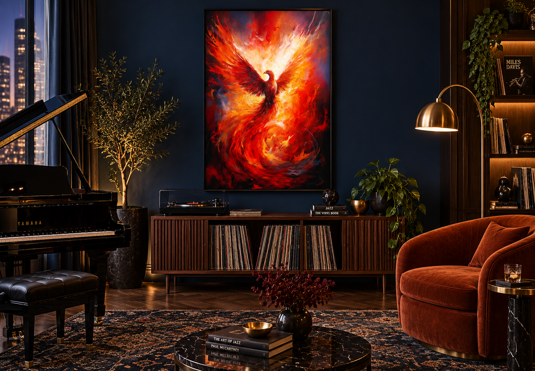 Rising Phoenix framed canvas wall art featuring a fiery bird in red and orange on a dark blue wall.