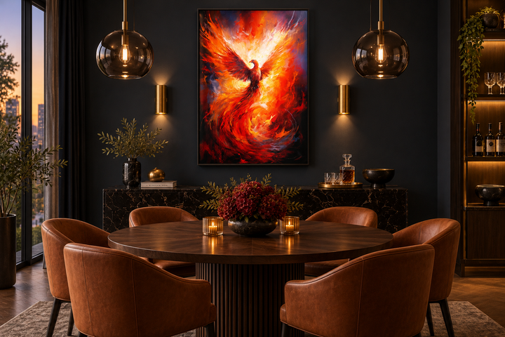 Rising Phoenix framed canvas wall art in a modern dining room with dark walls and leather chairs.