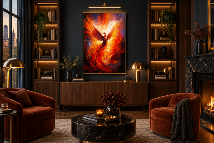 Rising Phoenix framed canvas wall art in a fiery red and orange palette above a wooden sideboard.