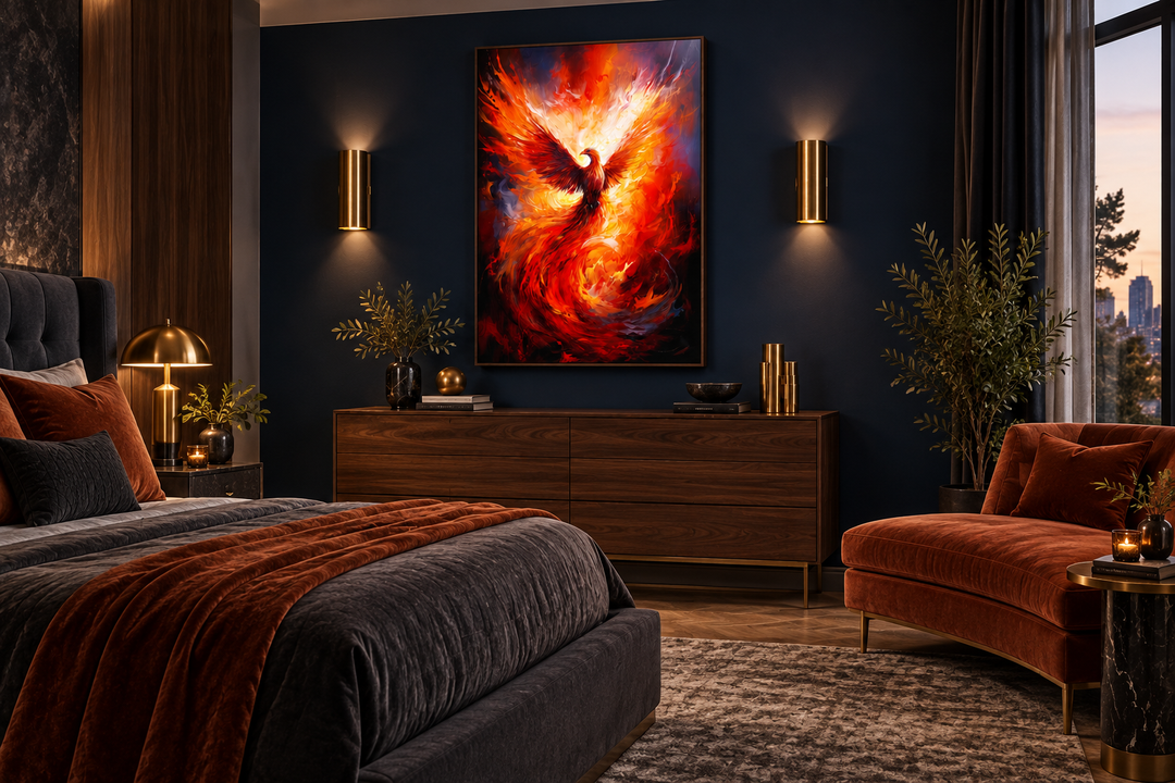Rising Phoenix framed canvas wall art featuring a fiery bird above a wooden dresser in a bedroom.