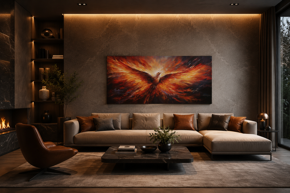 Extra large framed canvas wall art of a fiery orange phoenix rising above a modern living room sofa.