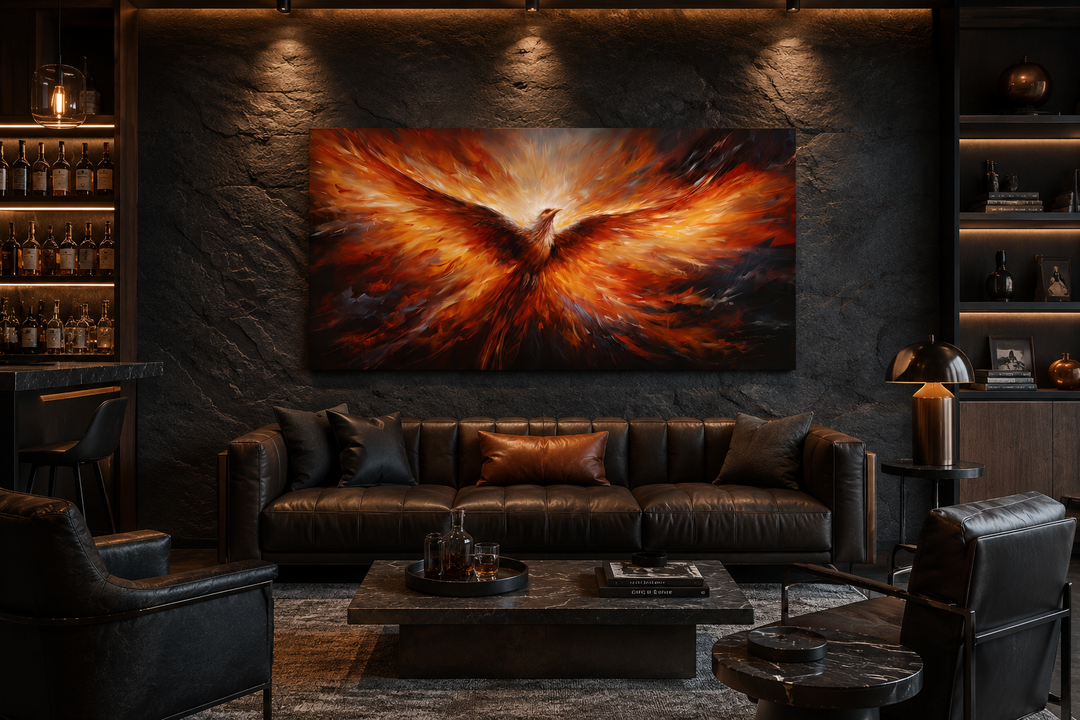 Extra large framed canvas wall art of a fiery orange phoenix rising above a dark leather sofa.