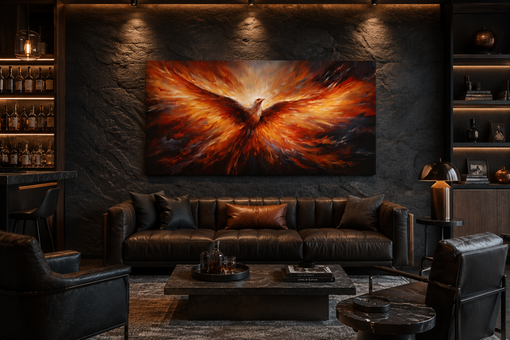 Extra large framed canvas wall art of a fiery orange phoenix rising above a dark leather sofa.