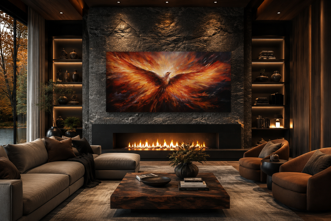 Extra large framed canvas wall art of a fiery orange phoenix rising above a modern fireplace.