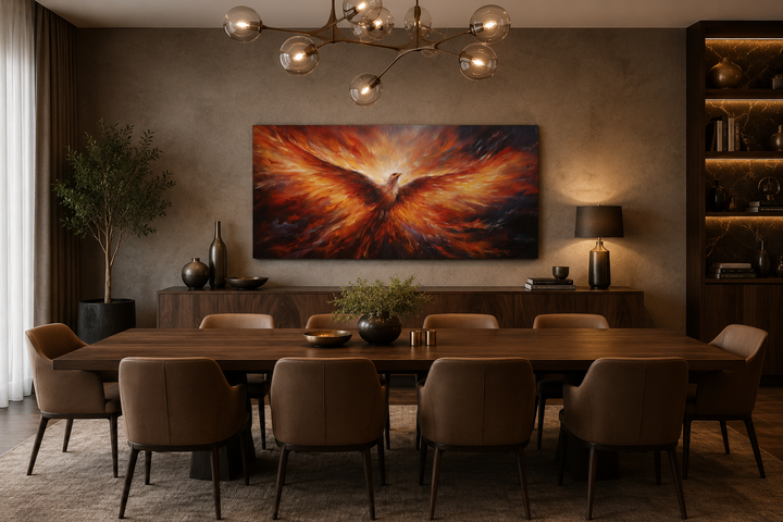 Extra large framed canvas wall art of a fiery orange phoenix rising above a dining table.