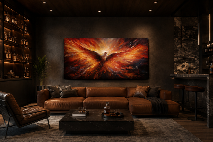 Extra large framed canvas wall art of a fiery orange phoenix rising above a brown leather sofa.