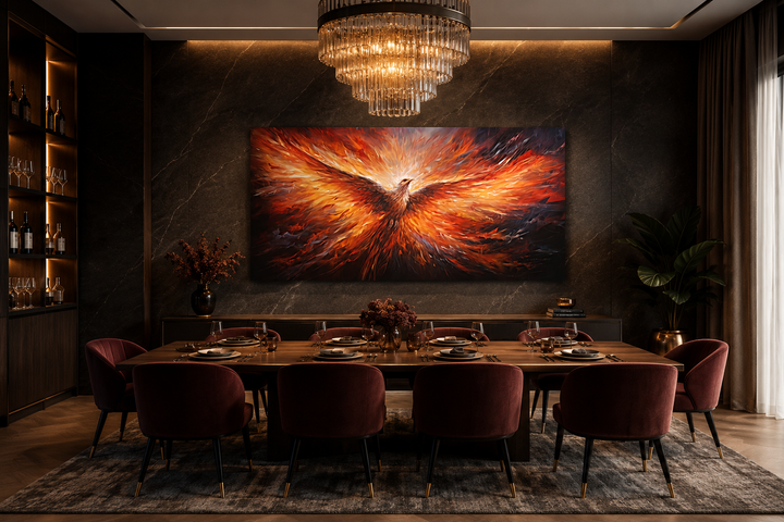 Extra large framed canvas wall art of a fiery orange phoenix rising above a dining table.