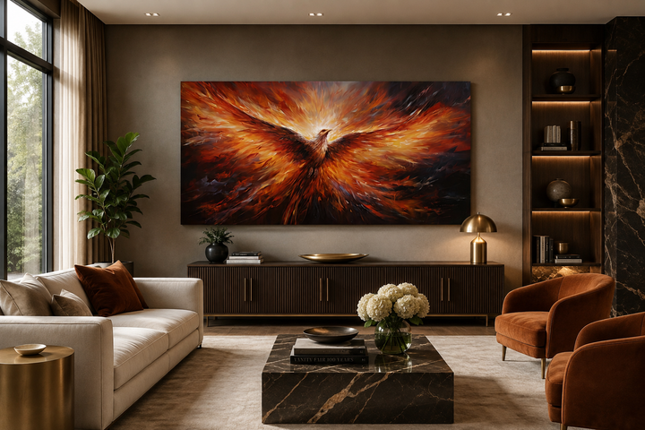 Extra large framed canvas wall art of a fiery orange phoenix rising above a living room sideboard.