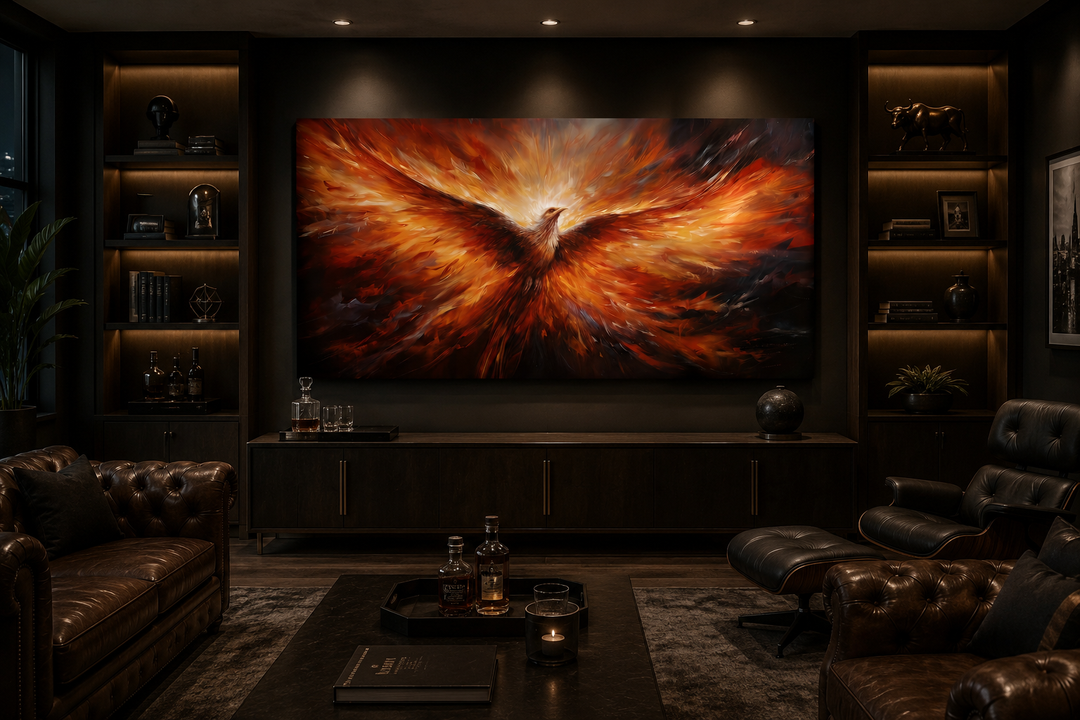 Extra large framed canvas wall art of a fiery orange phoenix rising in a dark modern living room.