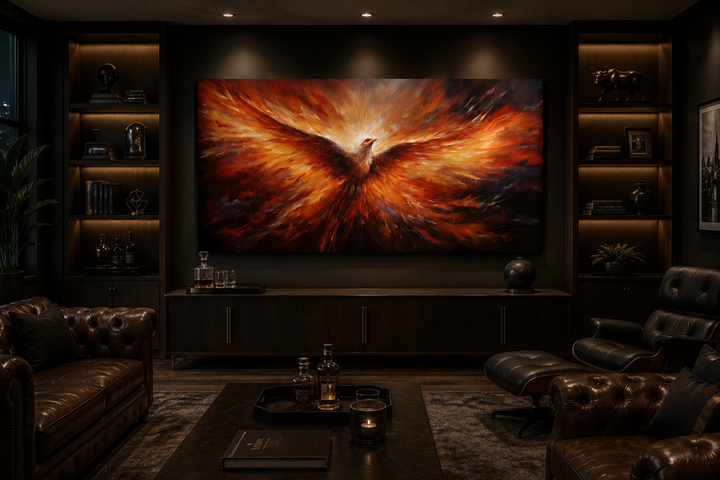 Extra large framed canvas wall art of a fiery orange phoenix rising in a dark modern living room.
