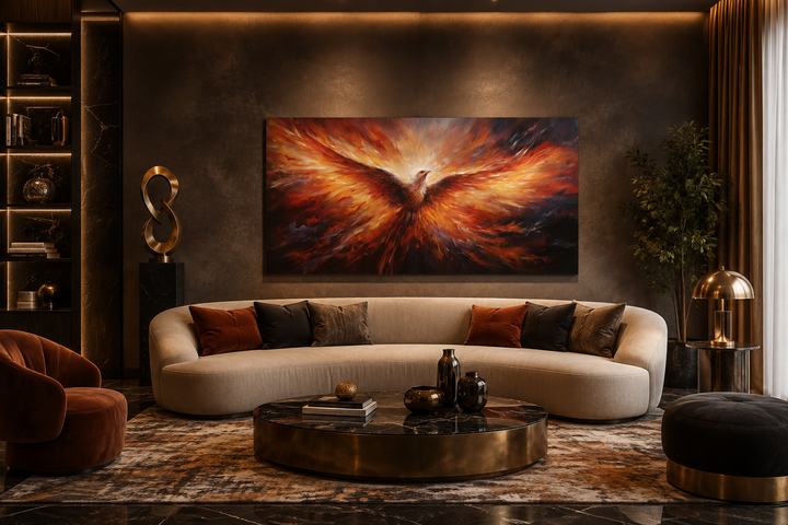 Extra large framed canvas wall art of a fiery orange phoenix rising above a modern living room sofa.